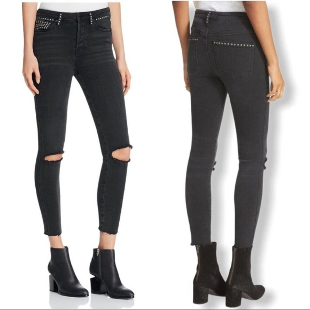 Free People Black Distressed Studded Button Fly High Rise Skinny Ankle Jeans